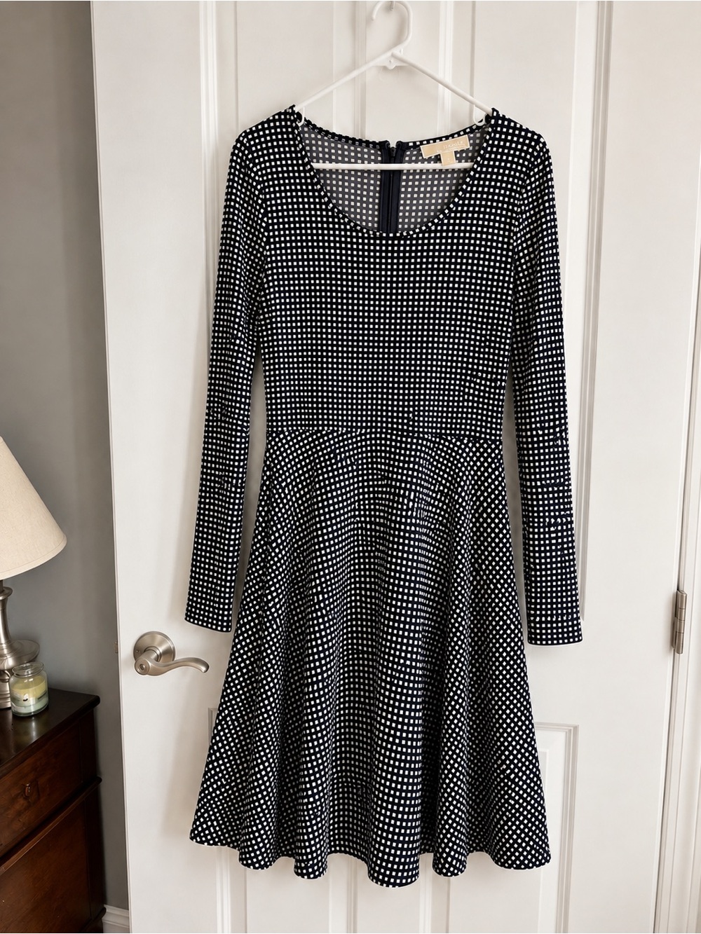 Michael Kors Black and White Polka Dot Long-Sleeve Fit-and-Flare Dress